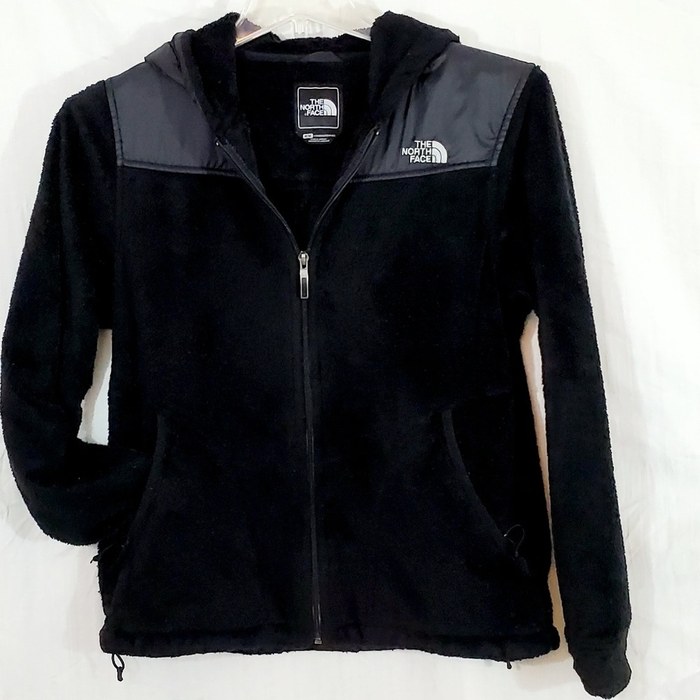North Face Black Fleece Jacket With Hood Zip Sz M - Picture 1 of 8
